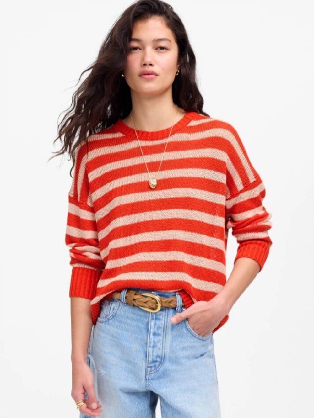 BOGO! Madewell Striped 100% Linen Pullover Sweater Orange Tan Medium